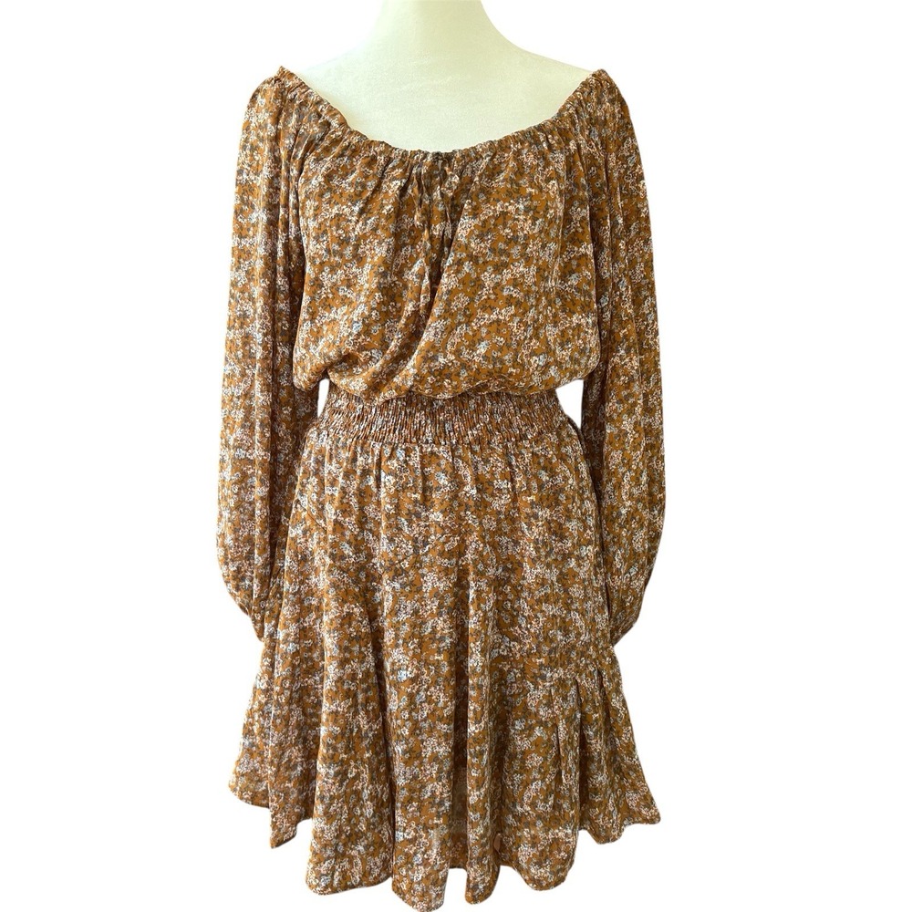 Bohme Dress Women's Brownโ Floral Puff Sleeve Mini Cottage Prairie Boho Smocked